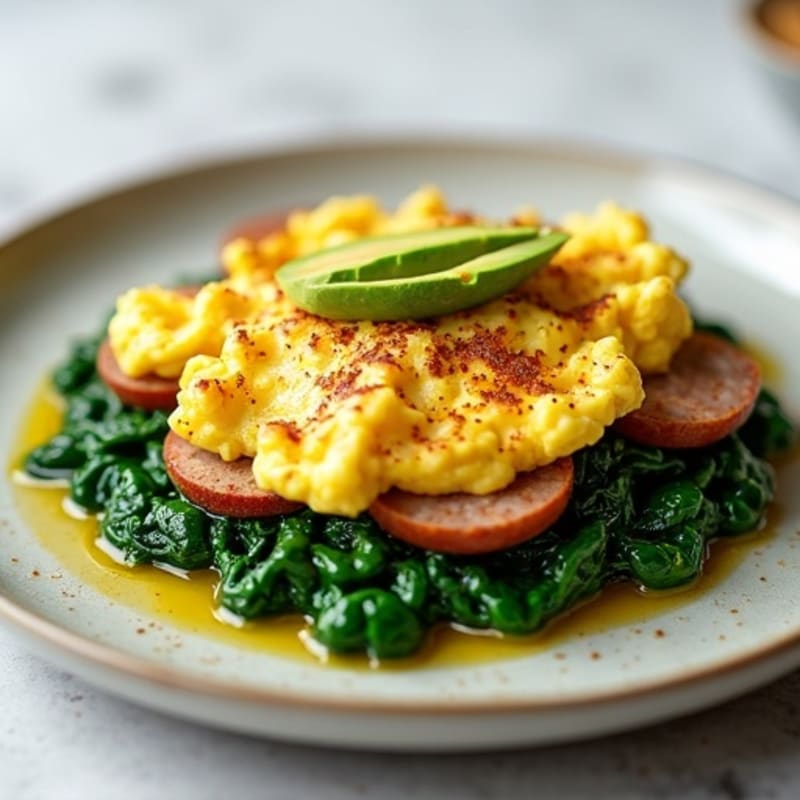 Egg White and Turkey Sausage Scramble with Sautéed Spinach