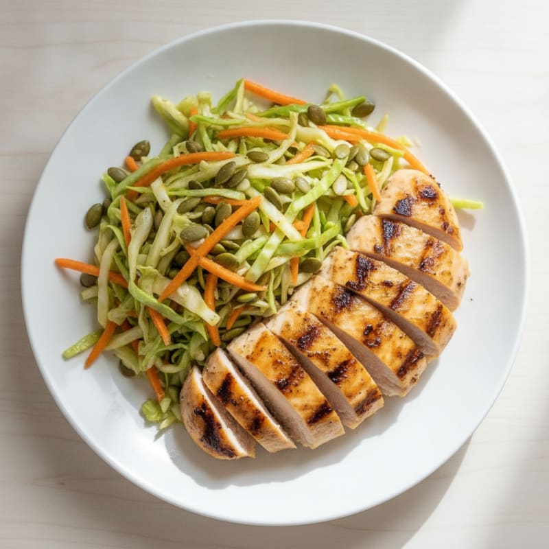 Grilled Chicken Breast with Crunchy Cabbage Slaw and Pumpkin Seeds