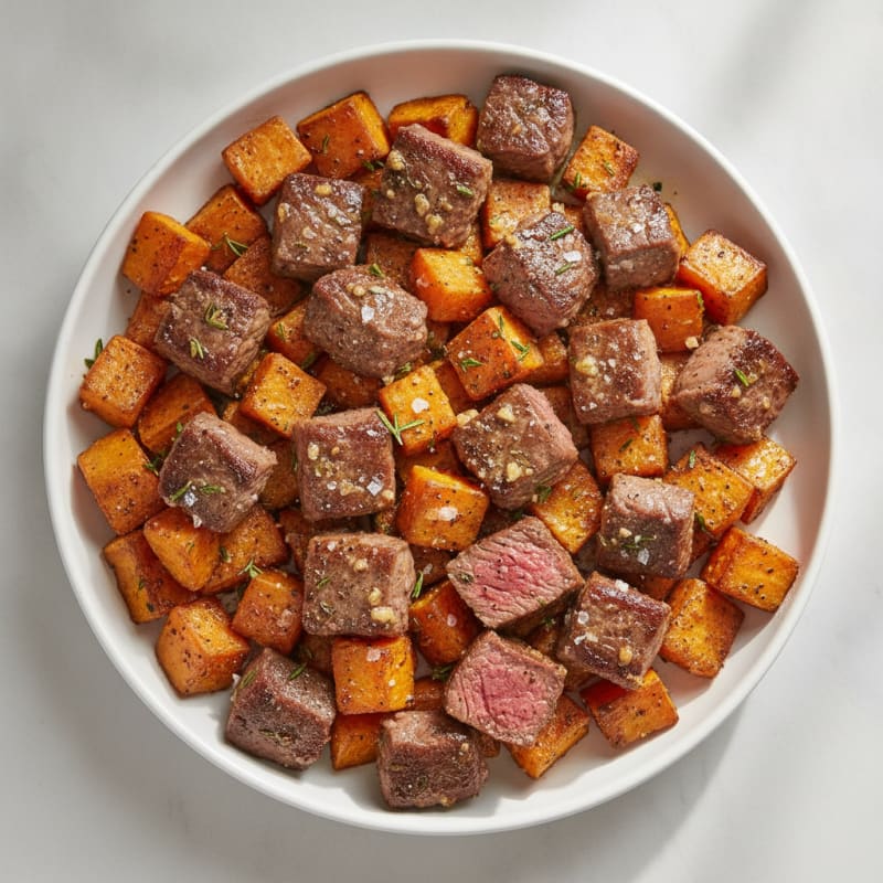 Garlic Herb Steak Tips with Roasted Sweet Potatoes