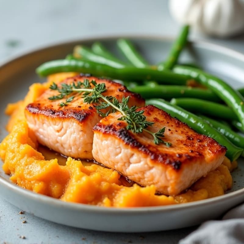 Seared Salmon with Garlic Green Beans and Sweet Potato Mash