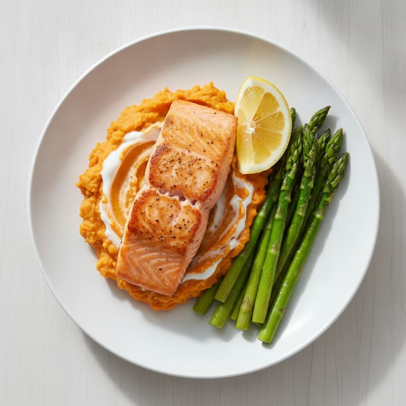 Seared Salmon Fillet with Roasted Asparagus and Sweet Potato Mash