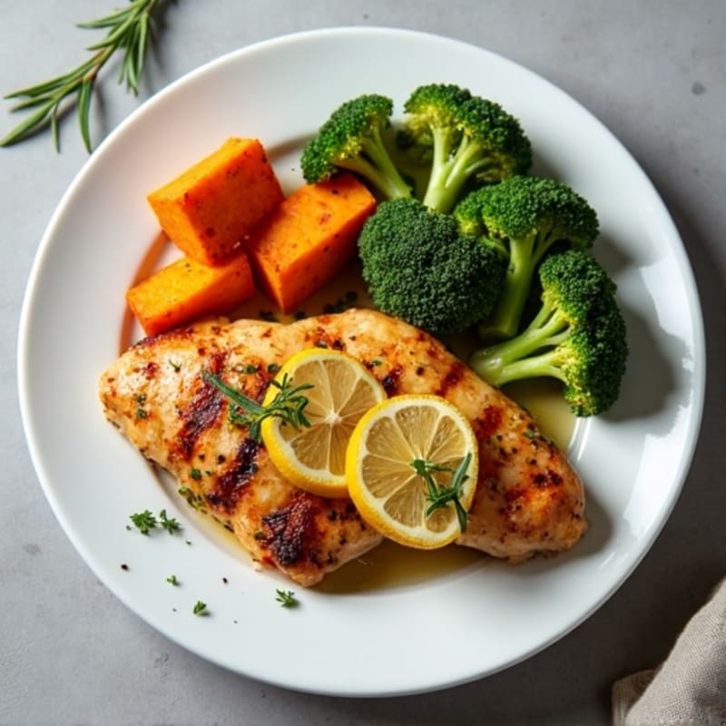 Crispy Lemon-Herb Roasted Chicken with Roasted Broccoli and Sweet Potatoes