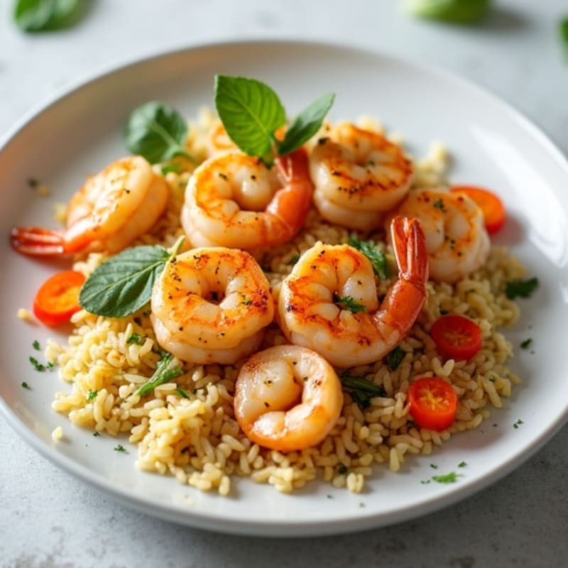 Pan-Seared Seafood with Crispy Saffron Rice and Fresh Vegetables