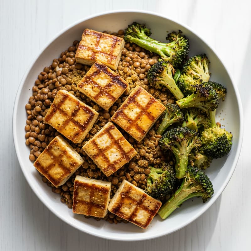 Grilled Tofu and Lentil Power Bowl with Roasted Vegetables