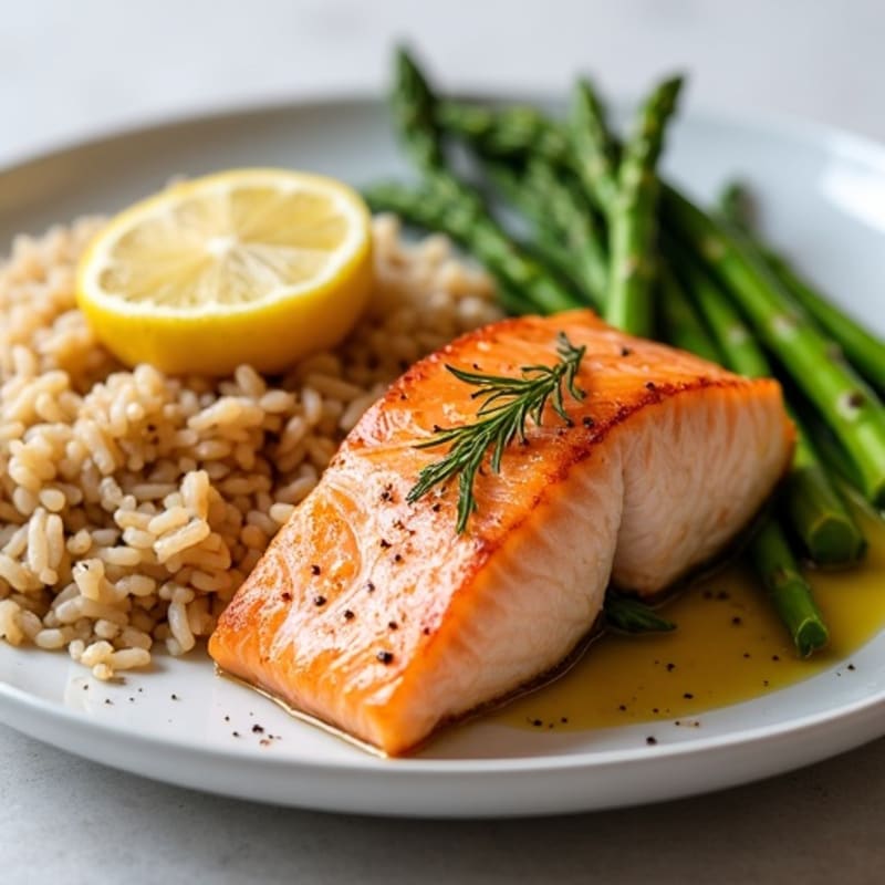 Seared Salmon with Steamed Asparagus and Brown Rice