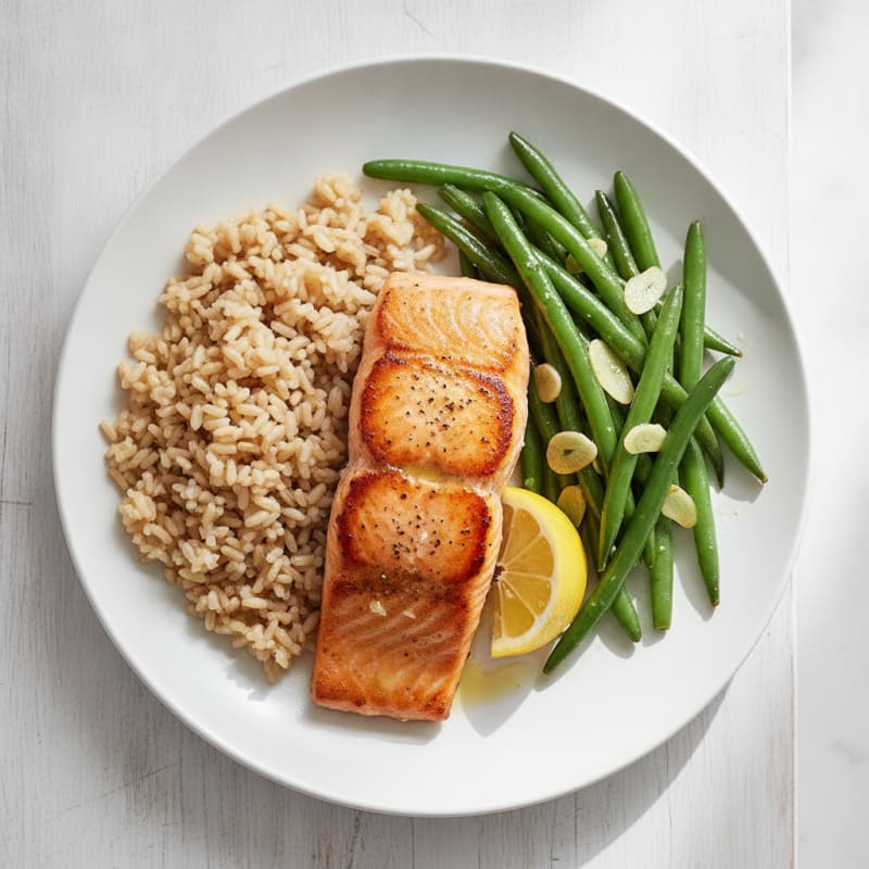 Seared Salmon with Garlic Green Beans and Brown Rice