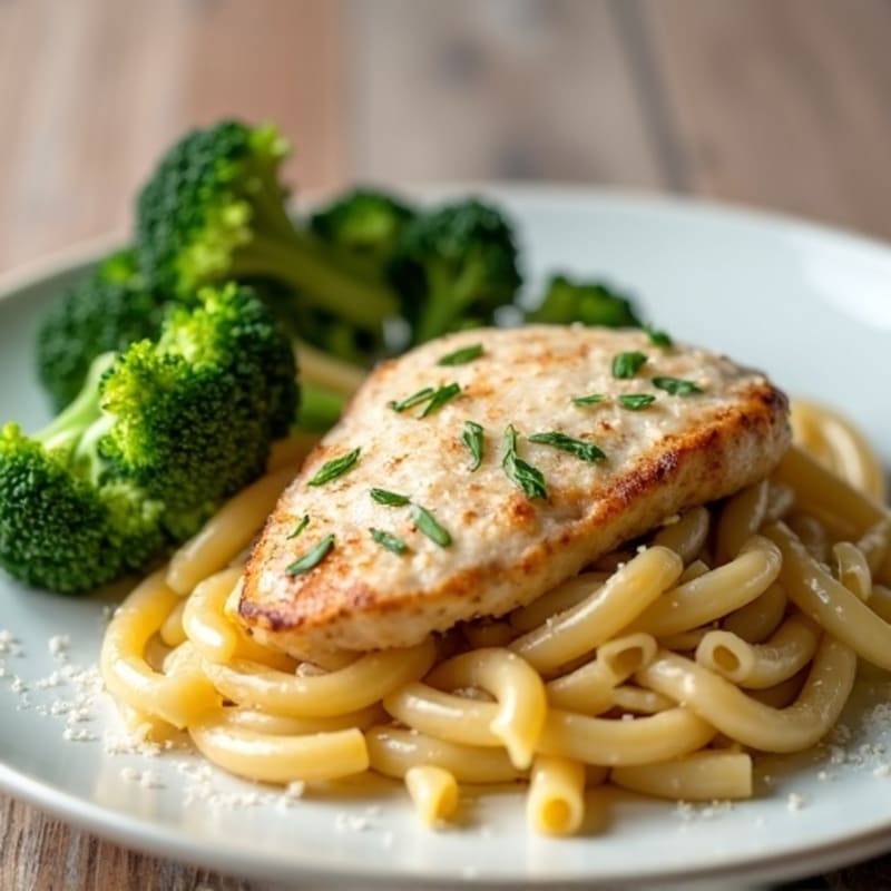 Lighter Creamy Garlic Parmesan Chicken Pasta with Roasted Broccoli