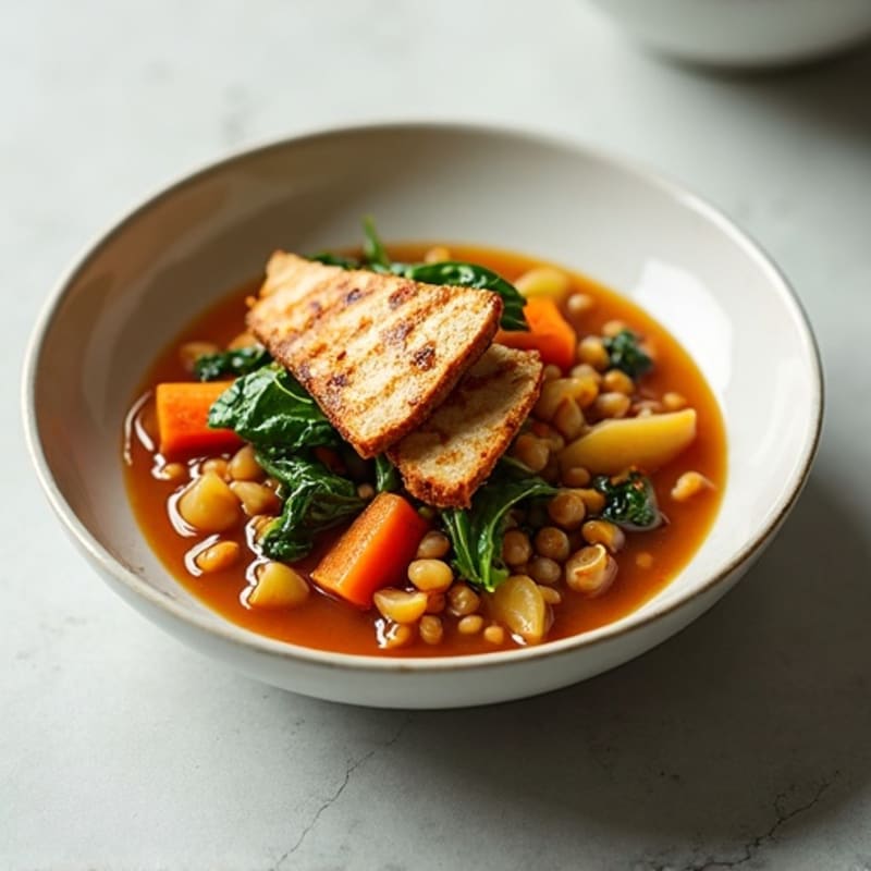 Silky Lentil and Vegetable Stew with Grilled Tempeh