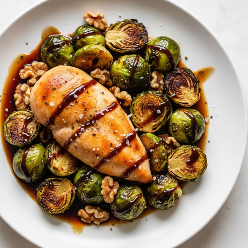 Roasted Brussels Sprouts with Balsamic Glaze and Chicken
