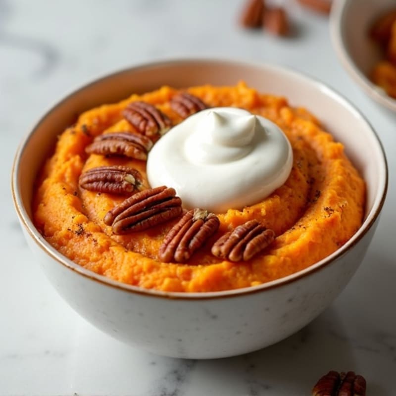 Cinnamon Swirl Sweet Potato Mash with Creamy Greek Yogurt and Toasted Pecans
