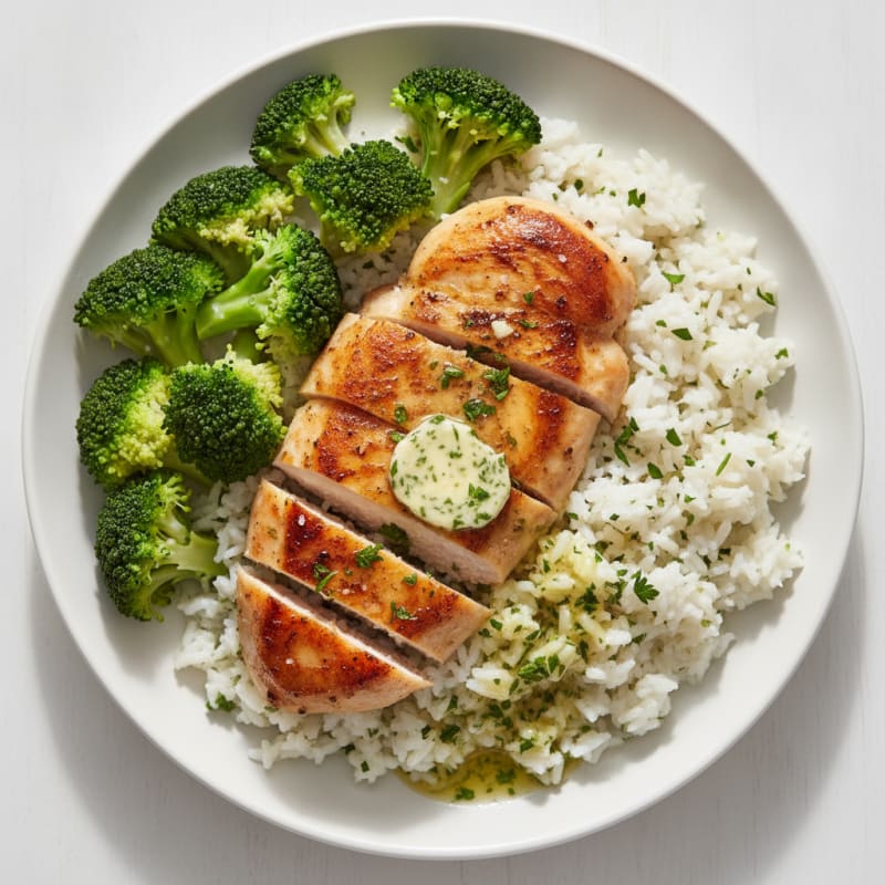 Seared Chicken Breast with Steamed Broccoli and Herbed Rice