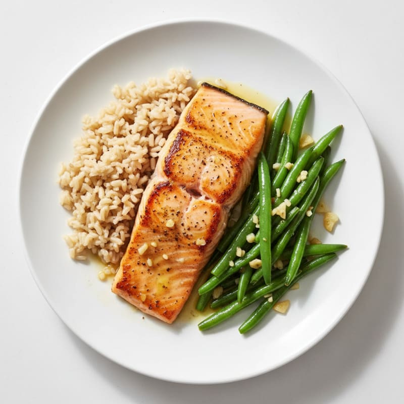Seared Salmon Fillet with Garlic Green Beans and Brown Rice