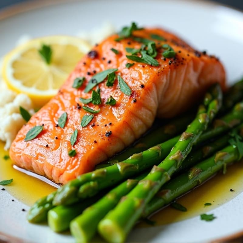 Seared Salmon with Steamed Asparagus and Cauliflower Mash