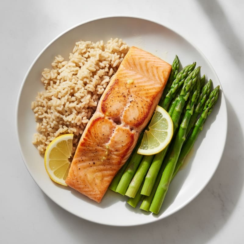 Seared Salmon with Steamed Asparagus and Brown Rice