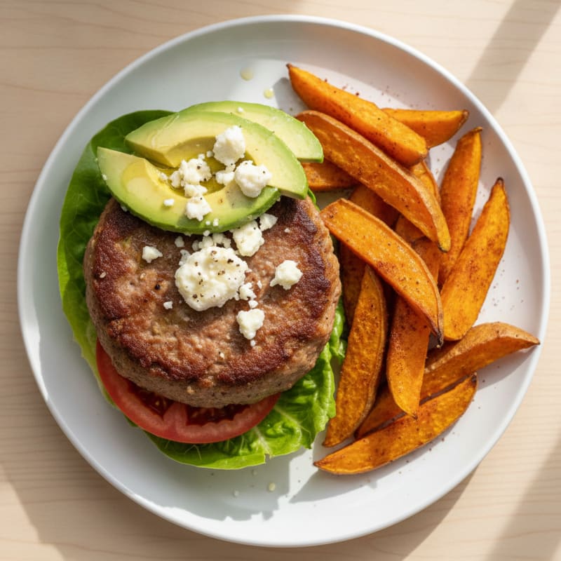 Lean Turkey Burger with Roasted Sweet Potato Wedges