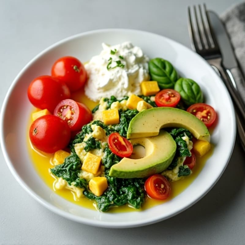 Egg White and Spinach Scramble with Cottage Cheese and Cherry Tomatoes