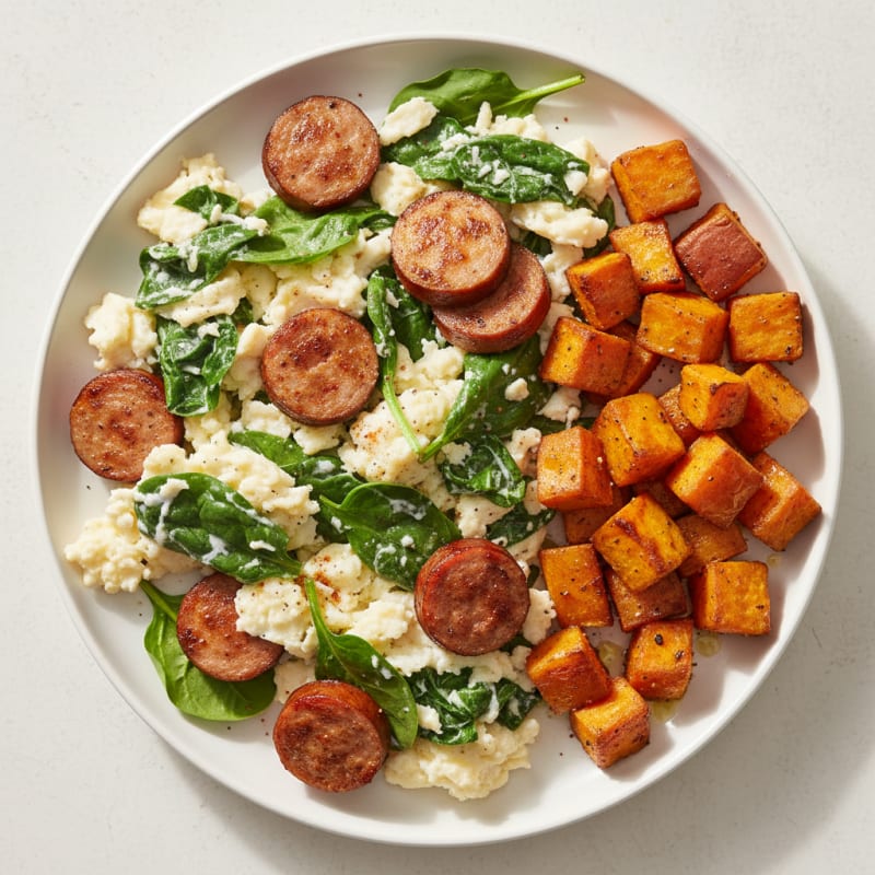 Egg White and Spinach Scramble with Turkey Sausage