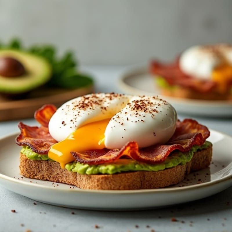 Protein-Packed Smashed Avocado Toast with Poached Eggs and Turkey Bacon