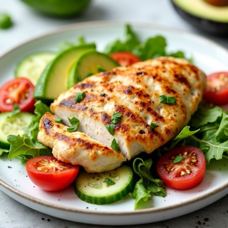 Grilled Chicken with Crisp Greens and Creamy Avocado Salad