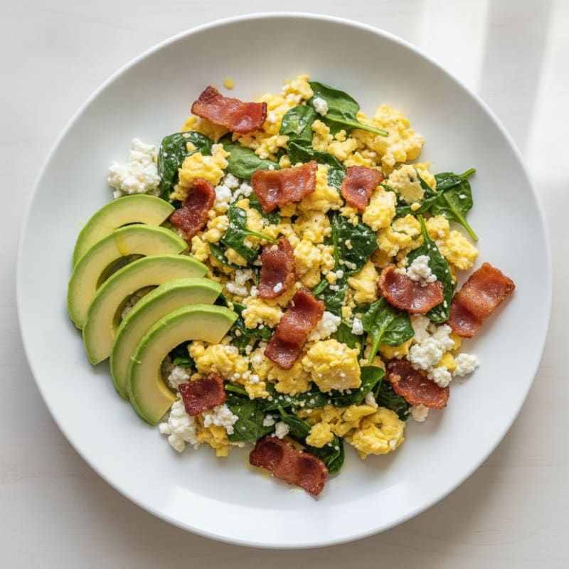 Crispy Turkey Bacon and Spinach Egg Scramble with Cottage Cheese