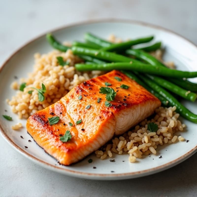 Seared Salmon with Steamed Green Beans and Brown Rice