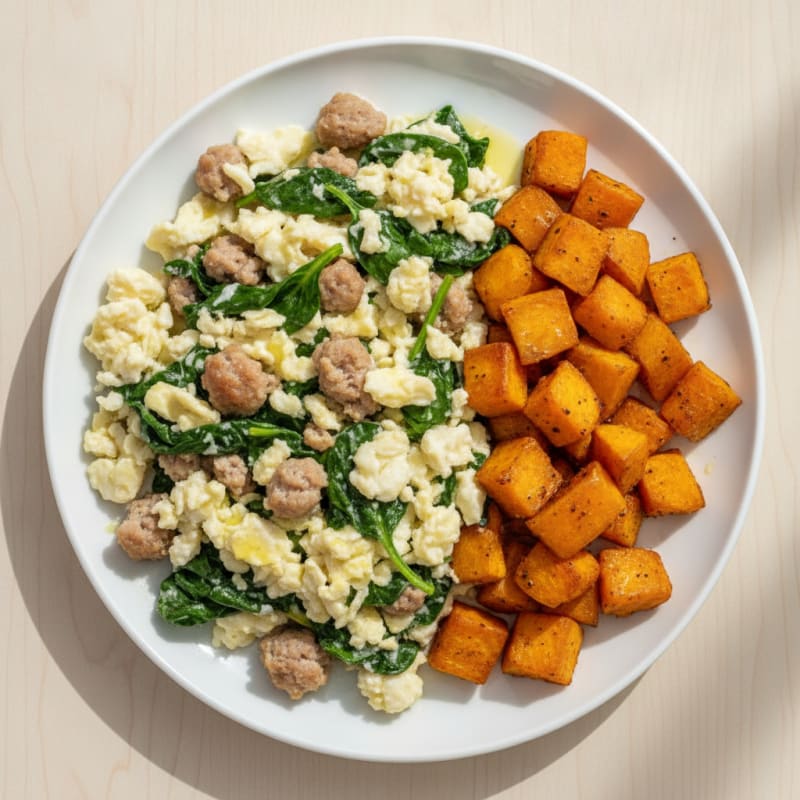 Egg White and Turkey Sausage Scramble with Spinach and Roasted Sweet Potato