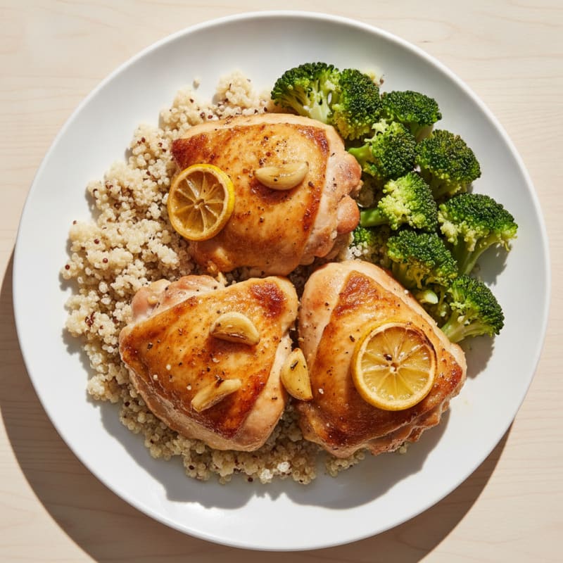 Oven-Roasted Chicken Thighs with Steamed Broccoli and Quinoa