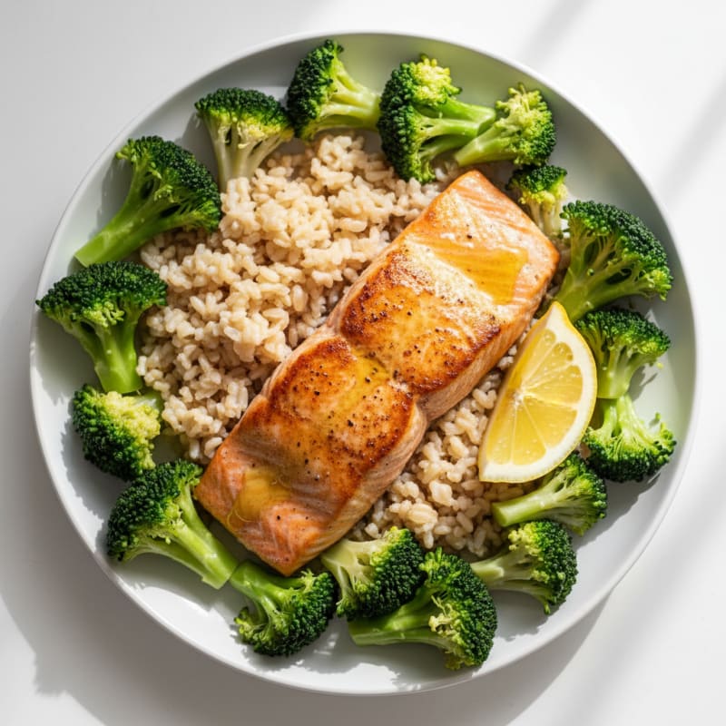 Seared Salmon with Steamed Broccoli and Brown Rice