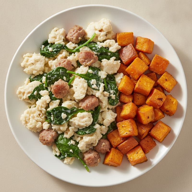 Egg White and Turkey Sausage Scramble with Spinach and Roasted Sweet Potato