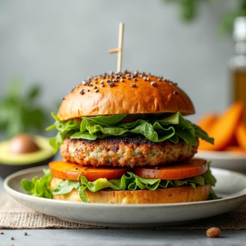 Grilled Lean Turkey Burger with Avocado and Roasted Sweet Potatoes