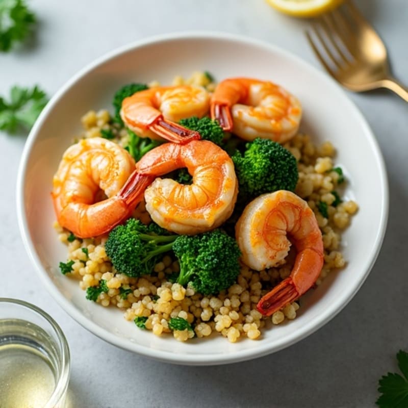 Pan-Seared Lemon-Garlic Shrimp with Herbed Quinoa and Crispy Broccolini