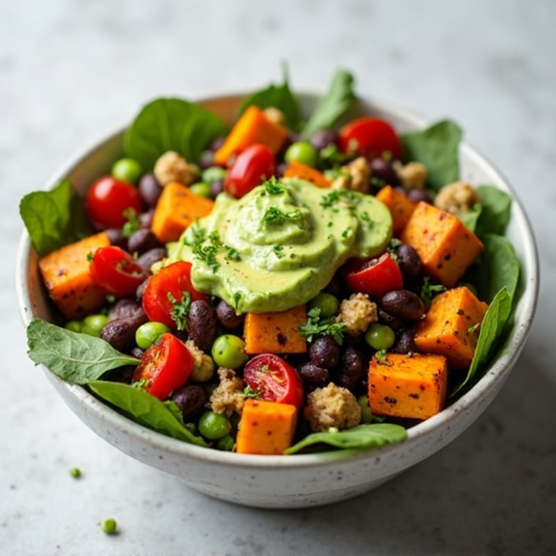 Roasted Sweet Potato and Black Bean Bowl with Creamy Avocado Dressing
