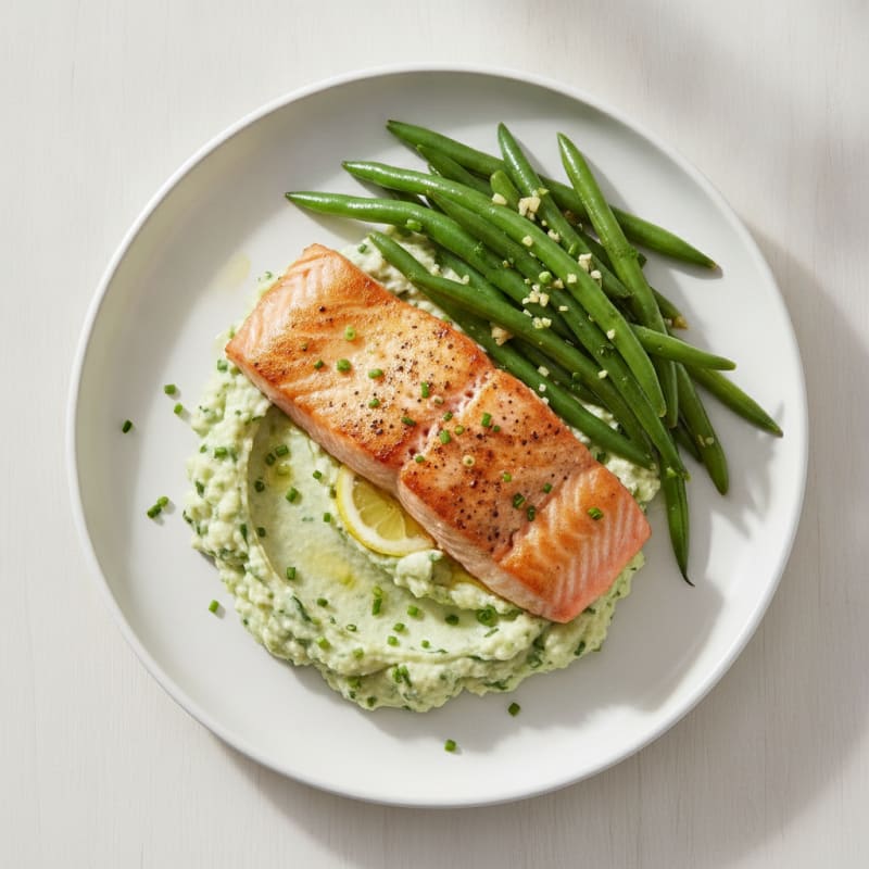 Seared Salmon Fillet with Garlic Green Beans and Herb Mashed Cauliflower