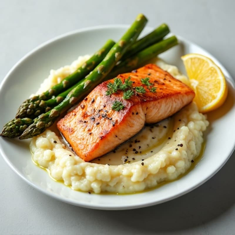 Seared Salmon with Roasted Asparagus and Cauliflower Mash
