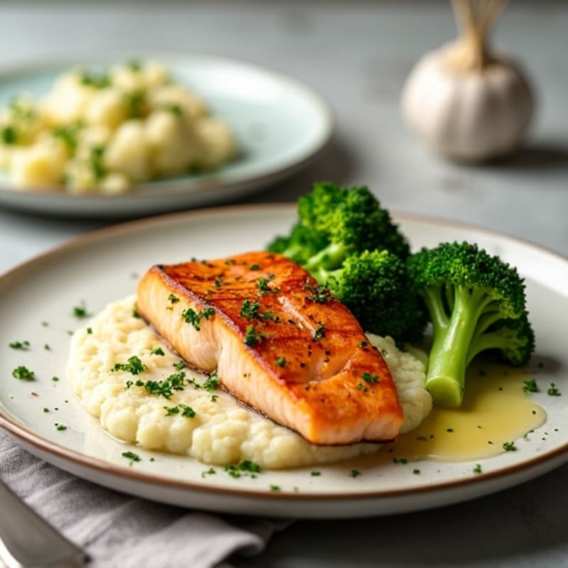 Seared Salmon with Steamed Broccoli and Garlic Cauliflower Mash