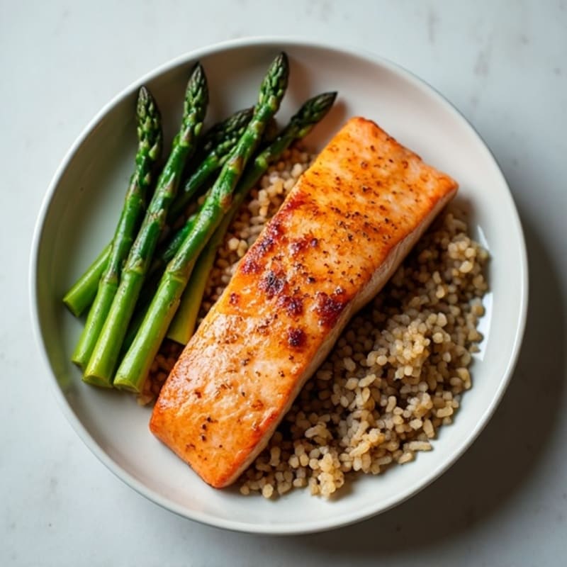 Seared Salmon Fillet with Steamed Asparagus and Brown Rice