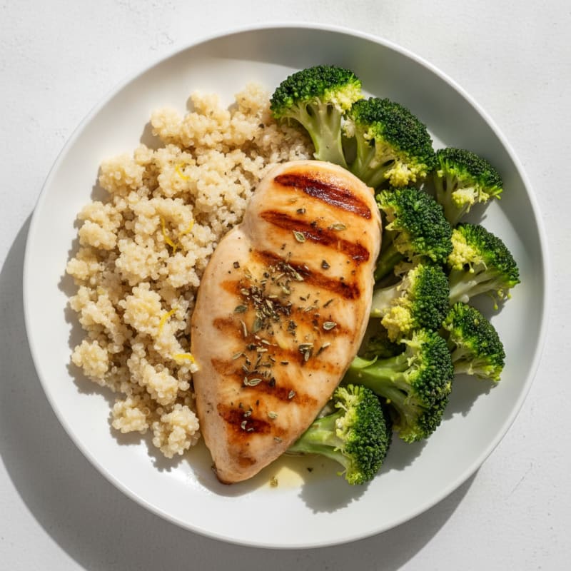 Grilled Chicken Breast with Steamed Broccoli and Quinoa