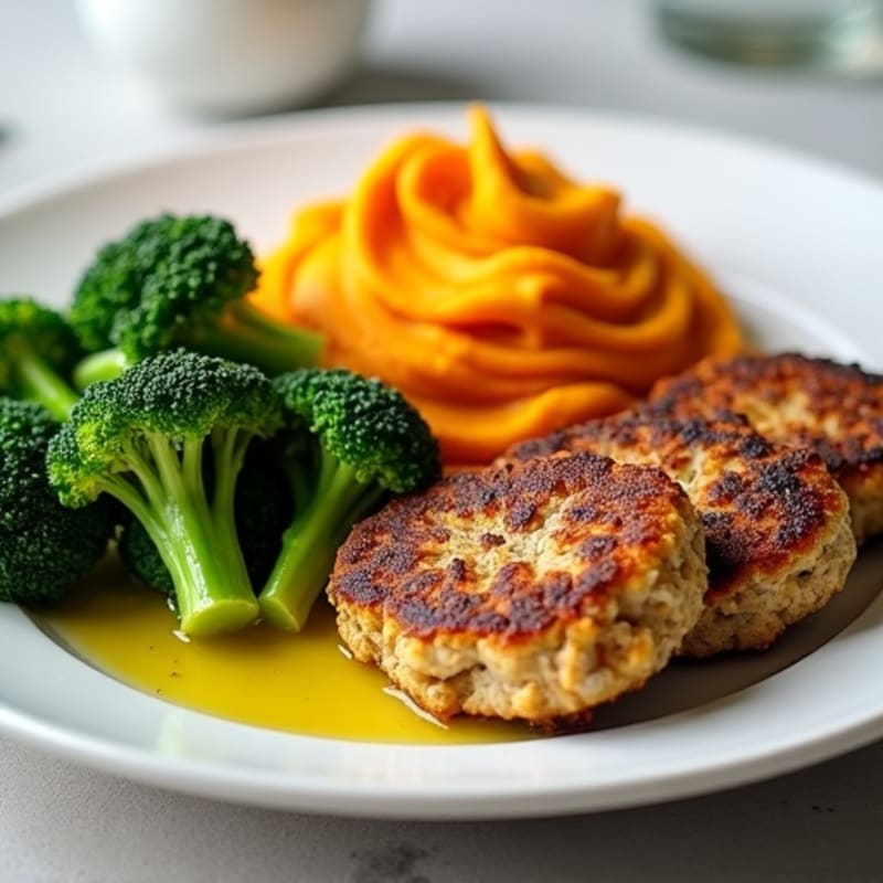 Seared Turkey Patties with Steamed Broccoli and Sweet Potato Mash