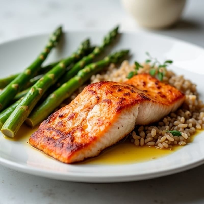 Seared Salmon with Steamed Asparagus and Brown Rice