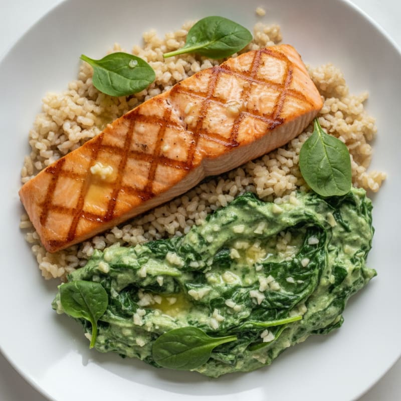 Seared Salmon with Creamy Spinach and Brown Rice