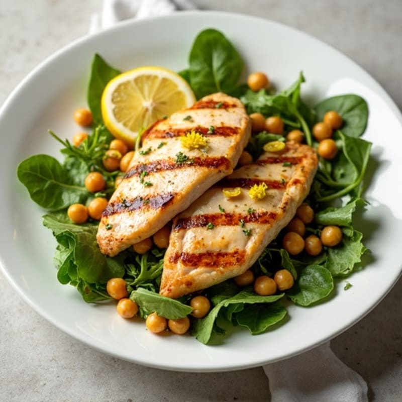 Grilled Chicken Breast over Mixed Greens with Chickpeas