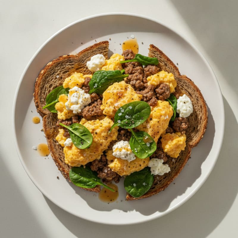 Beef and Cottage Cheese Scrambled Eggs on Rye