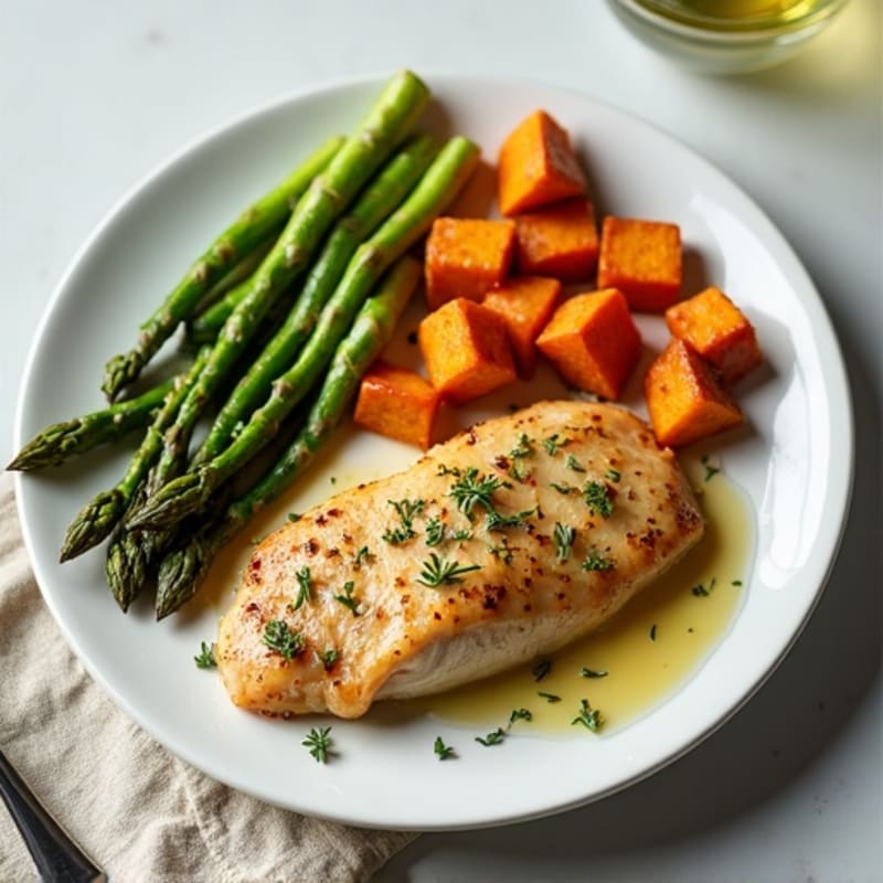 Pan-Seared Lemon-Herb Chicken with Roasted Asparagus and Sweet Potato