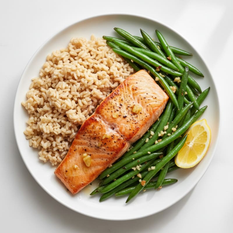Seared Salmon Fillet with Garlic Green Beans and Brown Rice