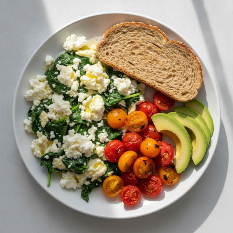 Egg White and Spinach Scramble with Cottage Cheese and Cherry Tomatoes