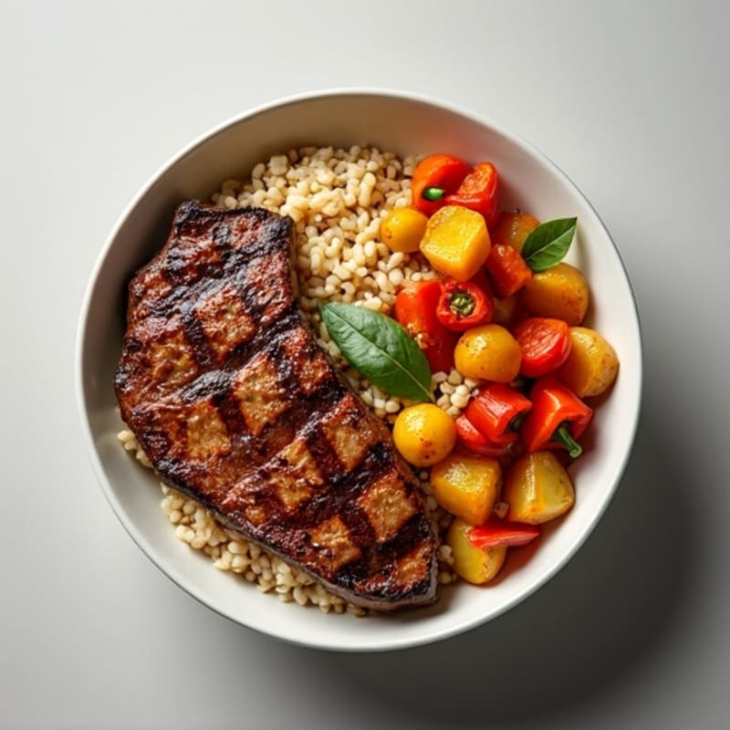 Grilled Steak and Rice Bowl with Roasted Vegetables