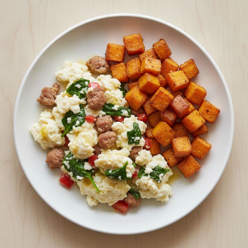 Egg White Scramble with Turkey Sausage and Roasted Sweet Potato