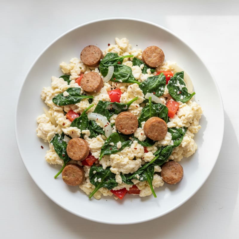 Egg White and Turkey Sausage Scramble with Sautéed Spinach
