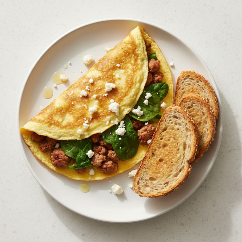 Crispy Egg White Omelet with Turkey Sausage and Spinach
