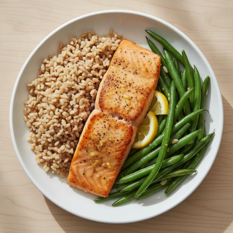 Seared Salmon with Steamed Green Beans and Brown Rice